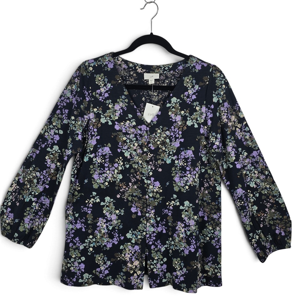 J. Jill Top Women SP Petite Button Down Navy Blue Floral Long Sleeve NWT Casual